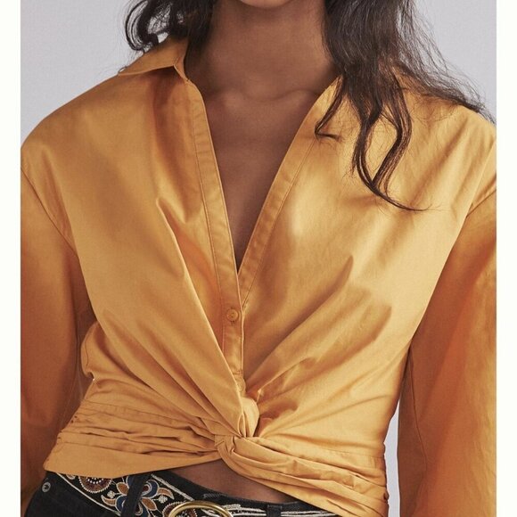 Anthropologie Sunday In Brooklyn Twist-Front V-Neck Blouse In Gold - Picture 2 of 13